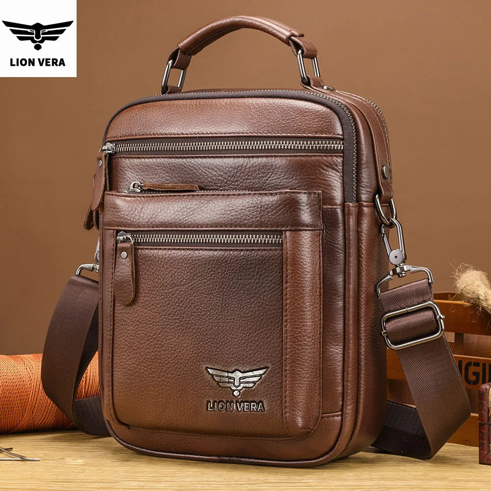 LION VERA Men's Shoulder Bag Casual Mobile Phone Zipper Bag Large Capacity Business Genuine Leather Travel Crossbody Bag
