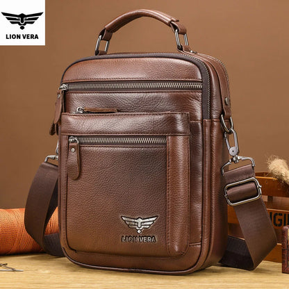 LION VERA Men's Shoulder Bag Casual Mobile Phone Zipper Bag Large Capacity Business Genuine Leather Travel Crossbody Bag