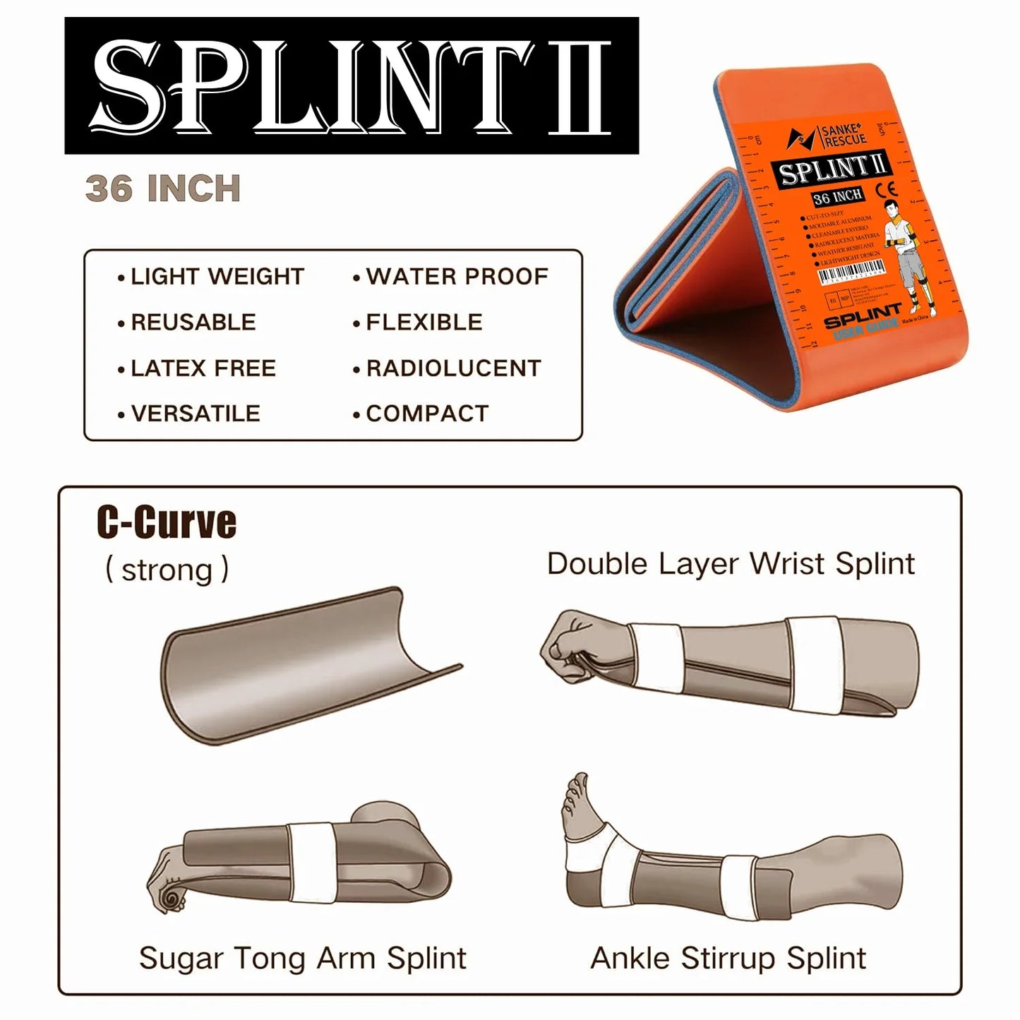 First Aid Splint 18-36" X 4.3"  Green-Gray Orange-Blue  Keep Bones in Position