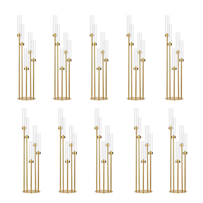 Gold Floor Candelabra 5 Arm Tall Candle Holder with Acrylic Lampshade for Wedding Table Birthday Party Decoration 10PCS