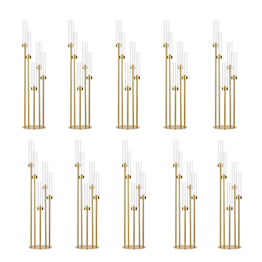 Gold Floor Candelabra 5 Arm Tall Candle Holder with Acrylic Lampshade for Wedding Table Birthday Party Decoration 10PCS