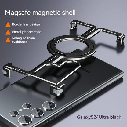 Magnetic Metal Bracket Phone Case For Samsung Galaxy S24 S23 Ultra Aluminum Alloy Frameless Bumper With Finger Ring Phone Cover