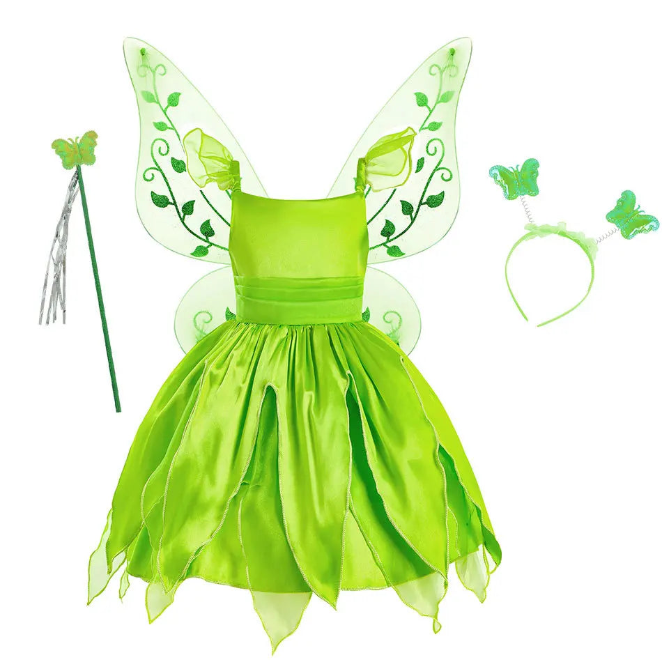 Girls Flower Fairy Dress – Kids Princess Costume with Wings, Halloween & Party Tinkerbell Dress
