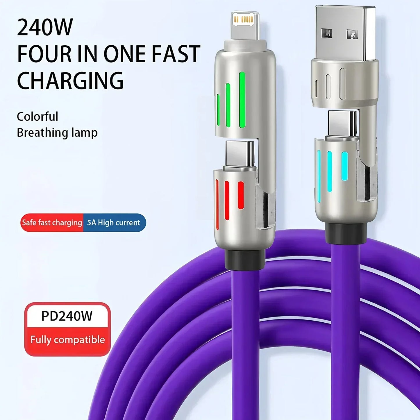 4 in 1 Functional 240W Super Fast Charge USB Type C Liquid Silicone Aluminum Alloy Data Cable For iPhone Huawei Samsung Xiaomi - Urbizia