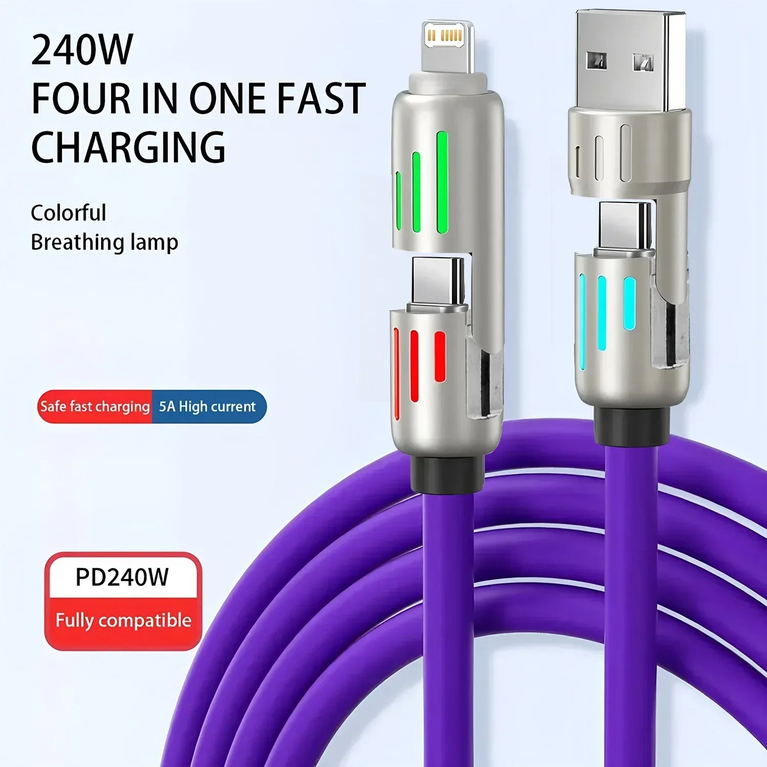 4 in 1 Functional 240W Super Fast Charge USB Type C Liquid Silicone Aluminum Alloy Data Cable For iPhone Huawei Samsung Xiaomi - Urbizia