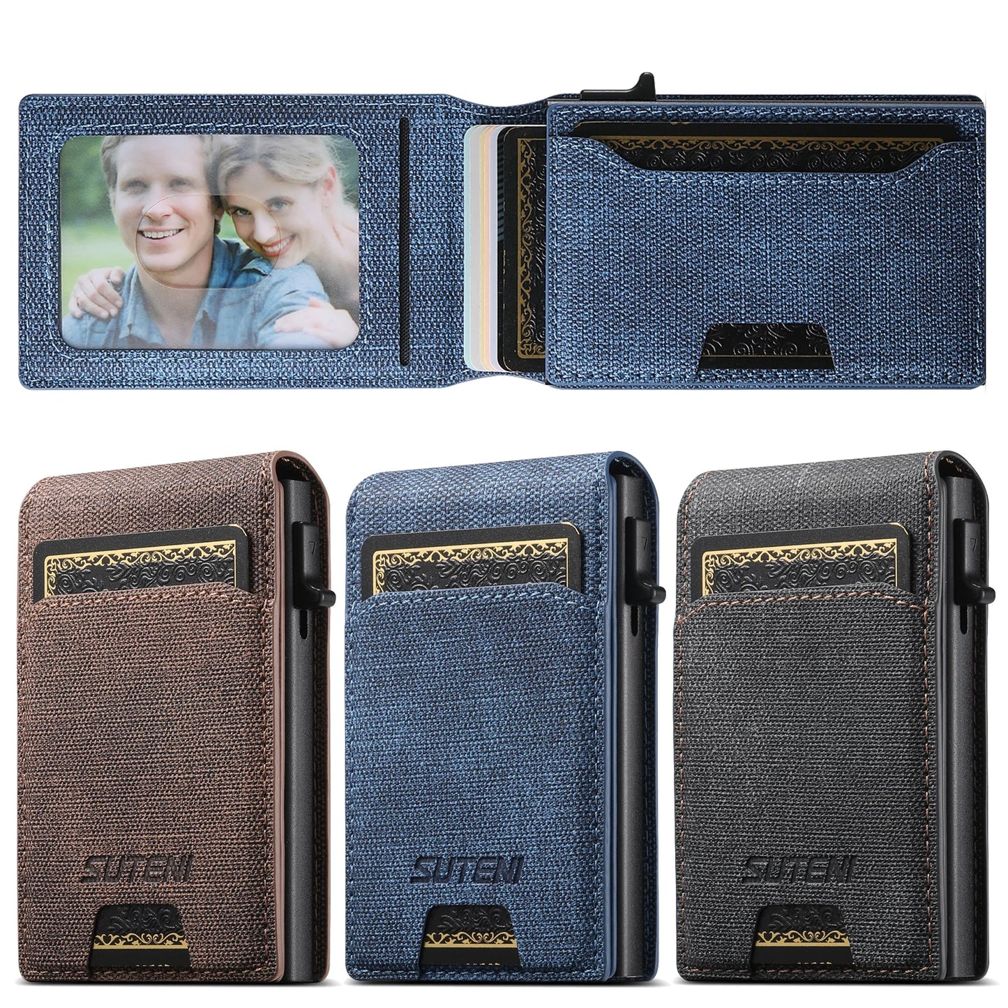Push-out Card High Quality Faux Leather Card Holder Wallet Holder Large Capacity Can Hold 1-12 Cards 1 Photo Black/Brown/Blue