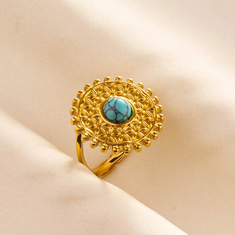 Turquoise Finger Jewelry Long Oval Sun Heart Water Drop Stainless Steel Rings For Women Men Accessories Gold Plated Open Anillos