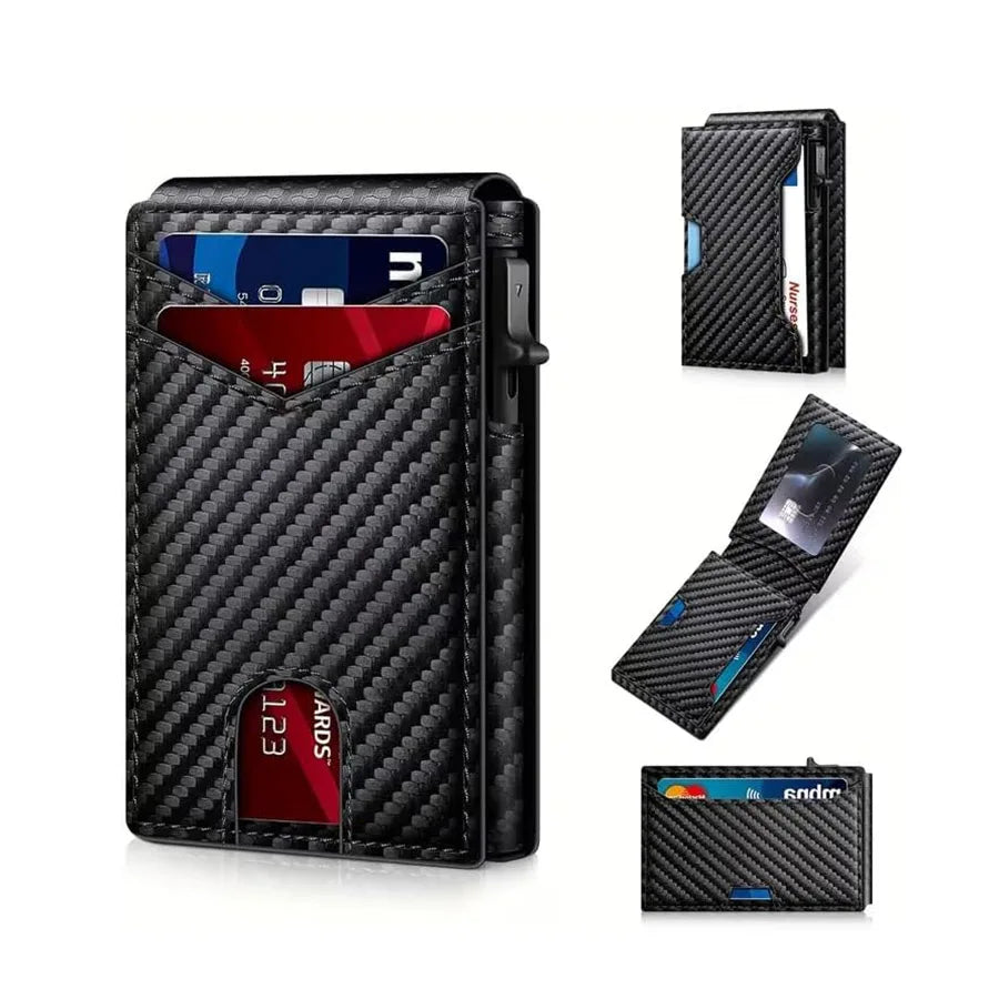 Men Vintage Leather Wallet RFID Blocking Aluminum Auto Pop Up Credit Card Holder for Men