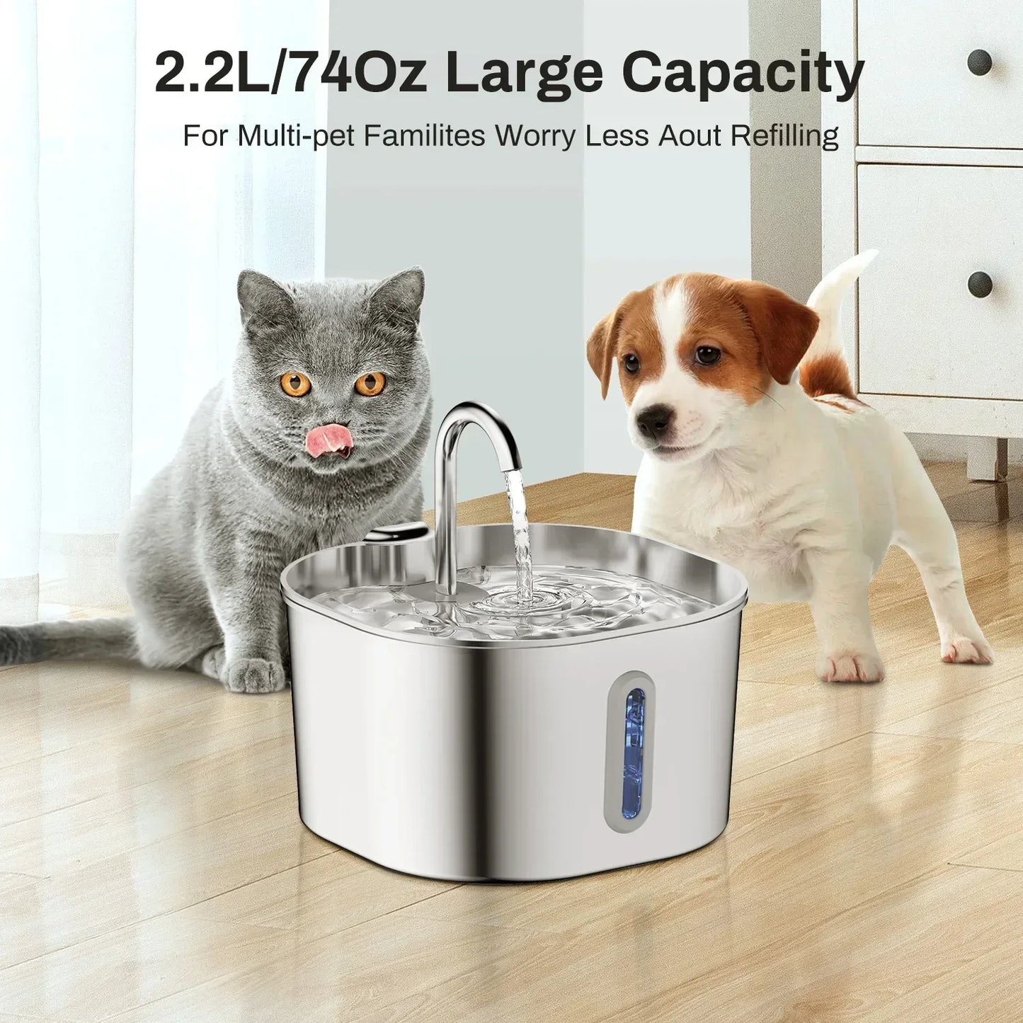 ZYFeeder 2.2L Automatic Cat Water Fountain Square Stainless Steel Pet Water Feeder Dog Water Fountain with window（No 5V 1A Plug） - Urbizia