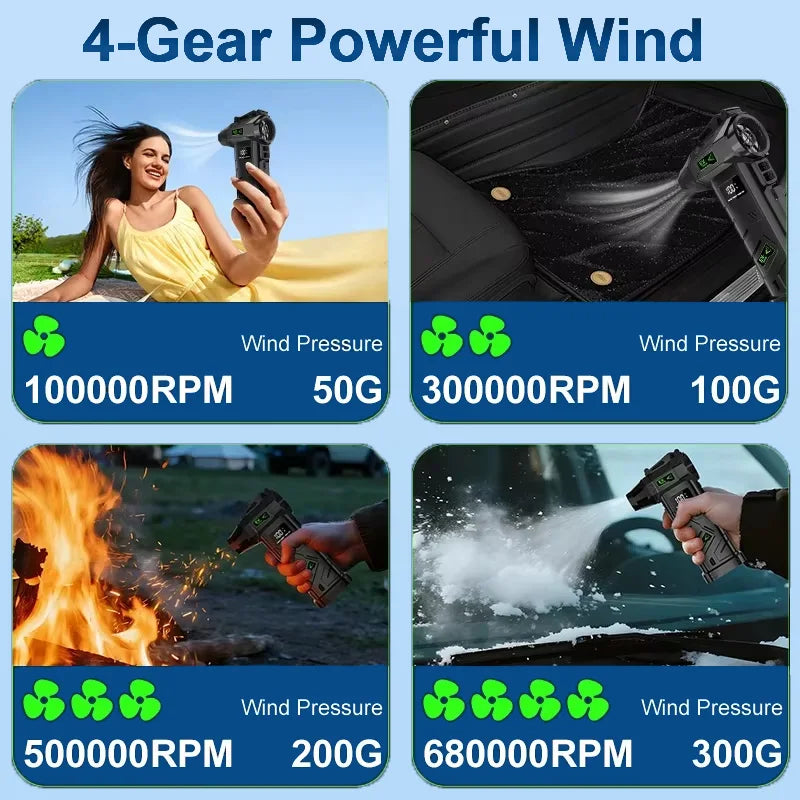 680000RPM 200W Cordless Turbo Air Duster 10000mAh Power Bank LED Light 4 Gears Stepless Blow & Vacuum for Car PC Home Camping