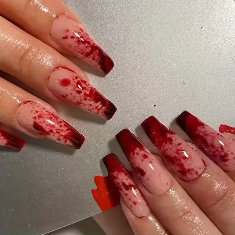 24Pcs Blood Splatter Almond Press-on Nails – Long Glossy Red & White Halloween Fake Nail Kit