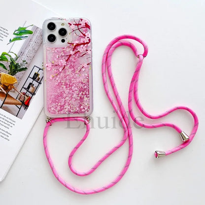 Quicksand Strap Case For Samsung Galaxy S26 Ultra S24 S23 S25 Plus S21 S22 S20 FE Liquid Glitter Flower Crossbody Lanyard Cover