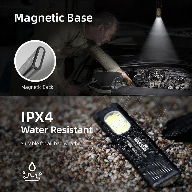 WARSUN T7 LED Torch Portable Mini Flashlight 800LM Rechargeable Pocket Light Magnetic Base Clip Work Light Hiking Fishing EDC - Urbizia