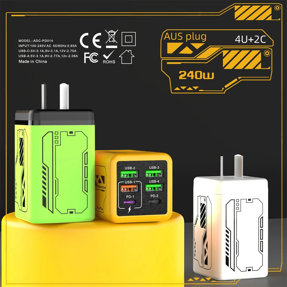 6 Ports 240W USB Type C Charger USB Super Fast Charging Mobile Phone Charge Adapter PD3.0 For iPhone 17 16 Samsung EU/UK/US Plug