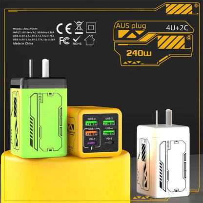 6 Ports 240W USB Type C Charger USB Super Fast Charging Mobile Phone Charge Adapter PD3.0 For iPhone 17 16 Samsung EU/UK/US Plug