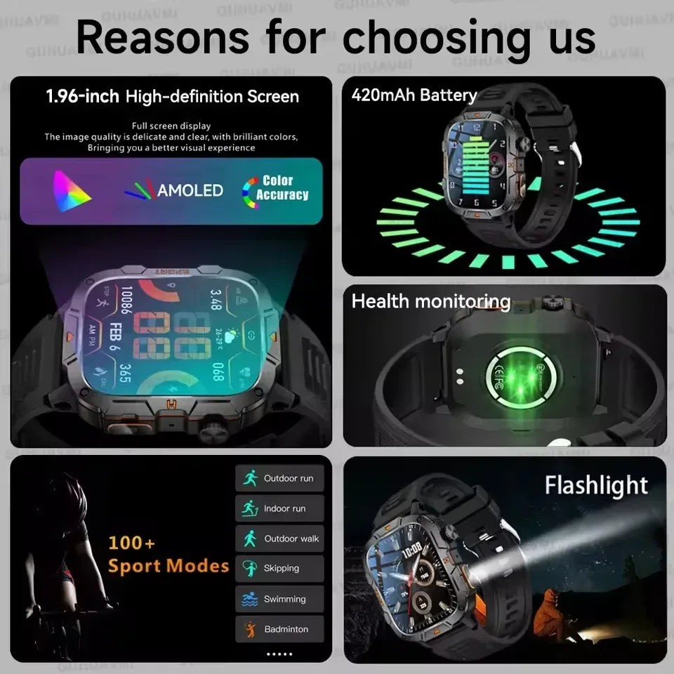 2025 New Military Grade Smart Watch Men 1.96" AMOLED Screen 5ATM Waterproof Simming Sports Fitness Tracker BT Call Smartwatches - Urbizia