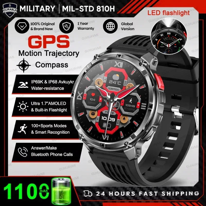 Men 1100mAh Ultra Durable Battery Smart Watch GPS Compass IP69K Waterproof BT Call 100+ Sport Mode Flashlight Sports Smartwatch - Urbizia