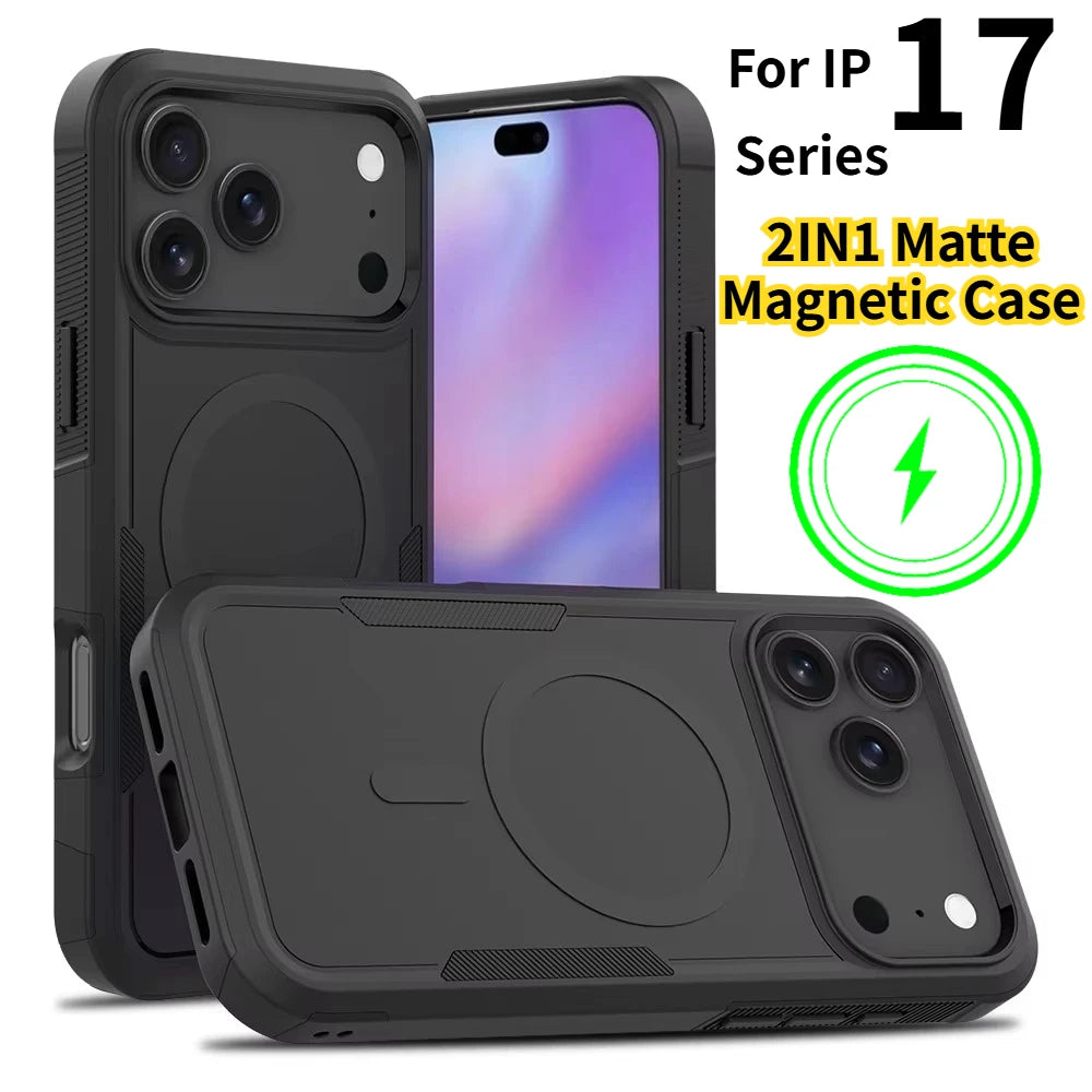 Premium 2IN1 Heavy Armor Magnetic Charging Case for iPhone 18 17 Air 16 15 14 Plus 13 12 Pro Max Shockproof Matte Protect Cover