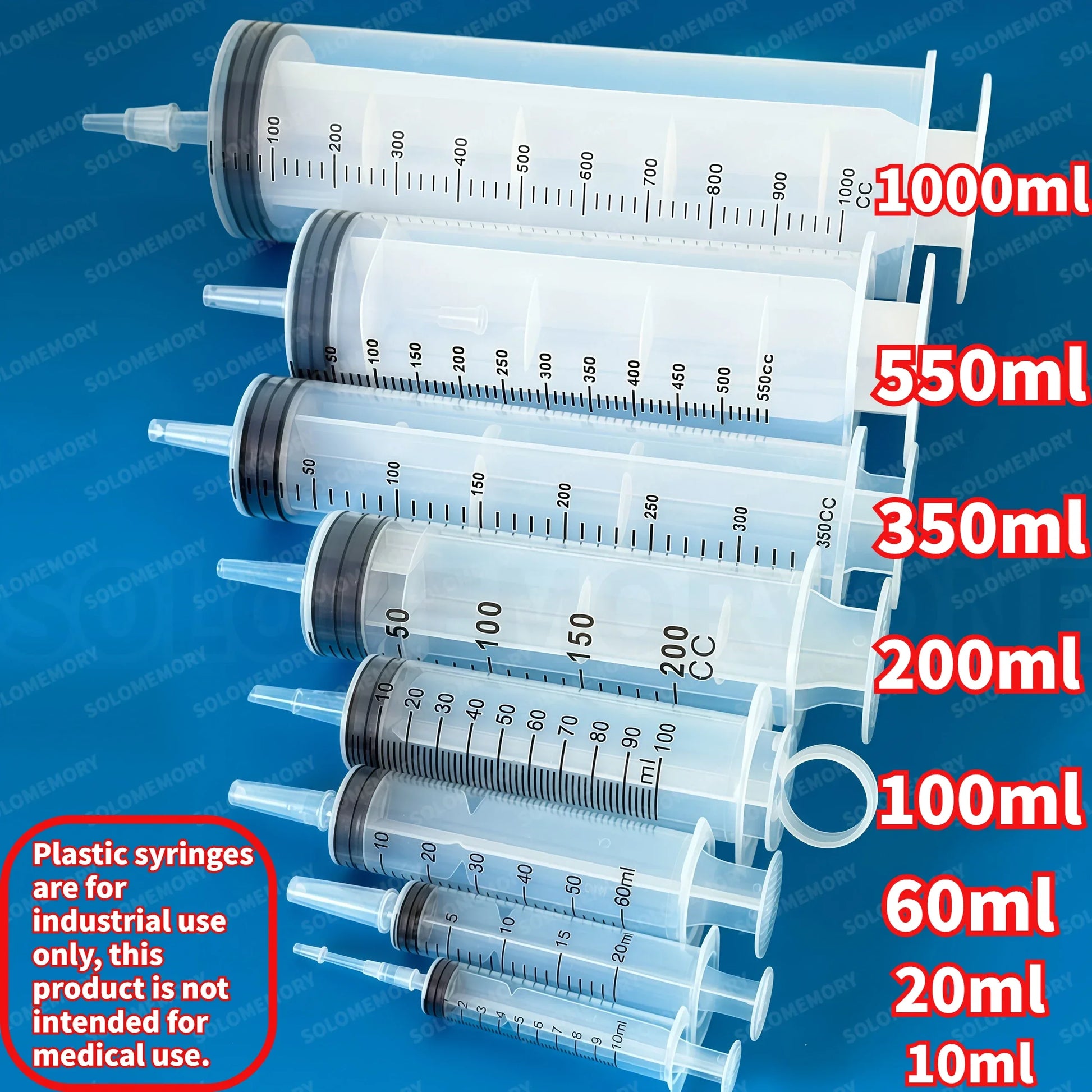 Plastic Syringe, Available in Capacities of 1000ml, 550ml, 350ml, 200ml, 100ml, 60ml, 20ml, 10ml, Suitable for Laboratory Dispensing, Dispensing Glue, Watering, and Veterinary Use - Urbizia