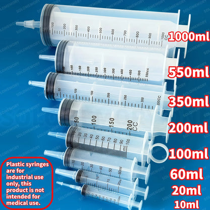 Plastic Syringe, Available in Capacities of 1000ml, 550ml, 350ml, 200ml, 100ml, 60ml, 20ml, 10ml, Suitable for Laboratory Dispensing, Dispensing Glue, Watering, and Veterinary Use - Urbizia
