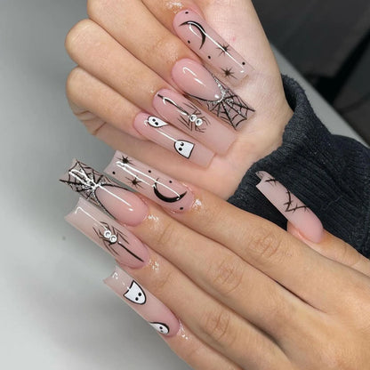 24Pcs Glitter Pink Sequins Fake Nails – Halloween Skull & Love Print Ballet Press-on Nails