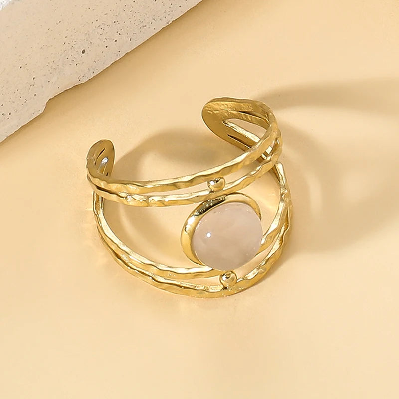 Boho Opal Turquoise Natural Stone Finger Rings Hollow Multi-Layer Jewelry Rings for Women Stainless Steel Ring Women Party Gifts