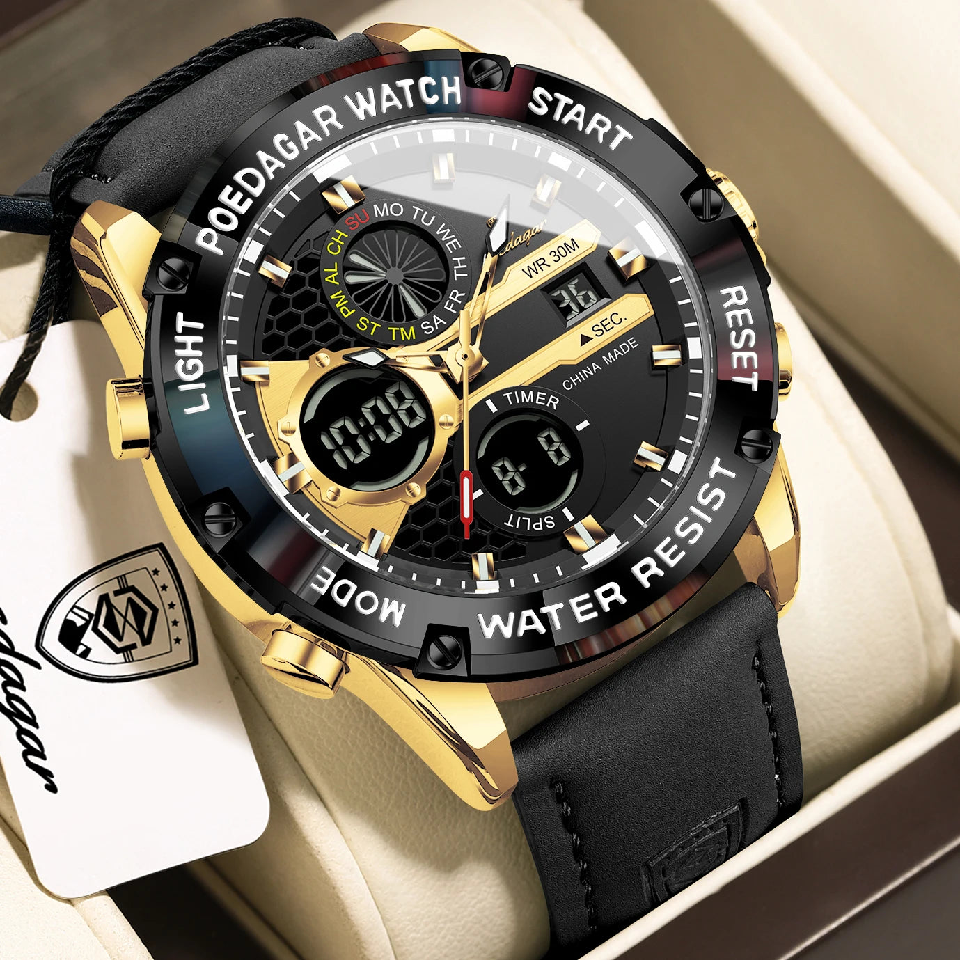 POEDAGAR Top Fashion Man Clock Waterproof Electronic LED Luxury Men's Watches Dual Time Display Digital Leather Men Quartz Watch