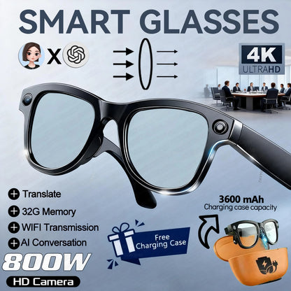 2026New 8MP 4K HD Camera AI Glasses Men 3600mAh Power Bank 32G Memory 160+ Translation Glasses Waterproof Smart Sunglasses Women
