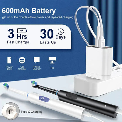 Electric Toothbrush Rotary Rechargeable Electric Toothbrush for Adults Rotating Electric Toothbrushes with 8 Soft Brush Heads - Urbizia
