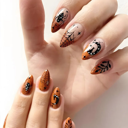 24Pcs Halloween Spider Print False Nails – Gothic Short Round Press-on Nail Tips for Women