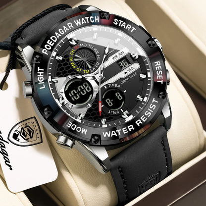 POEDAGAR Top Fashion Man Clock Waterproof Electronic LED Luxury Men's Watches Dual Time Display Digital Leather Men Quartz Watch