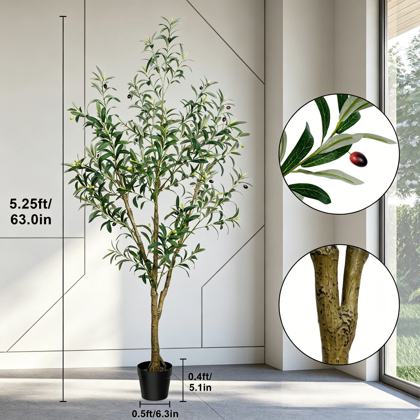 5/6/7/8 Olive Trees Artificial Indoor Faux Olive Tree with Black Pot Silk Fake Plant with Natural Wood Trunk and Lifelike Fruits for Home Office Decor