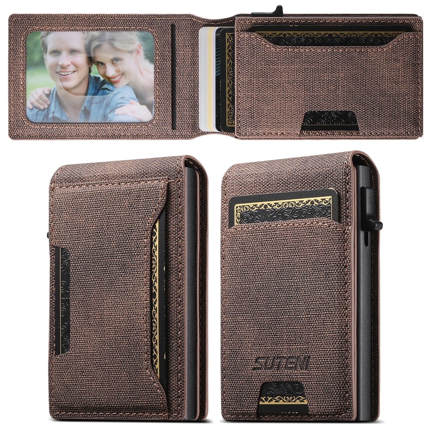 Push-out Card High Quality Faux Leather Card Holder Wallet Holder Large Capacity Can Hold 1-12 Cards 1 Photo Black/Brown/Blue