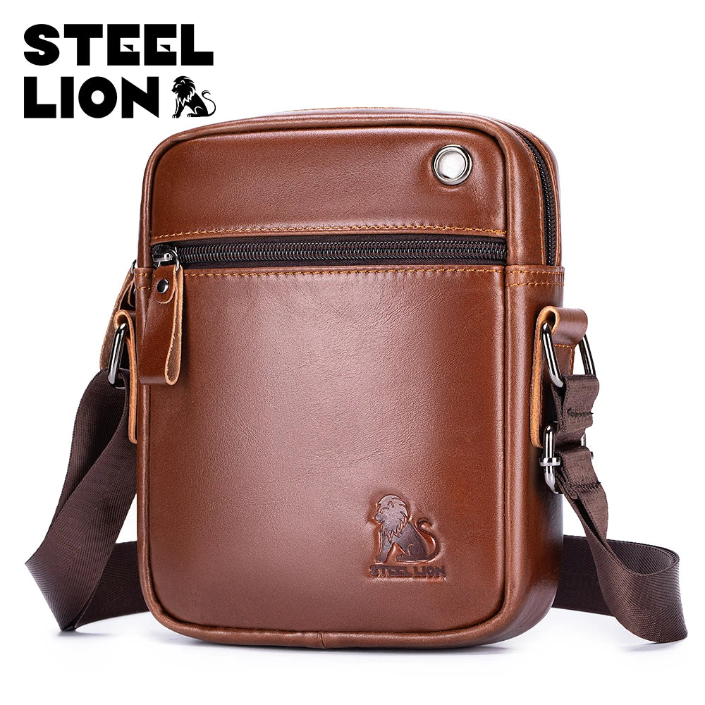 STEEL LION Men's Genuine Leather Crossbody Bag, Cowhide Business Vertical Mini Casual Shoulder Bag, Mobile Phone Bag