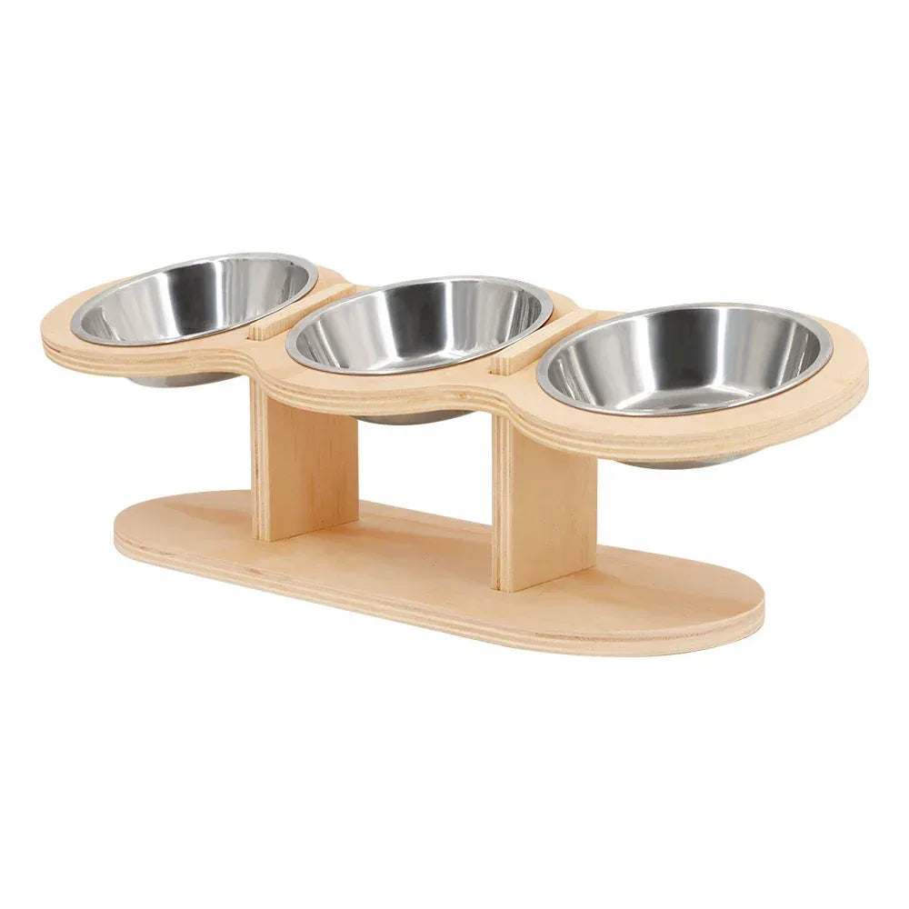 Cat 3 Bowls in 1 Feeder Feeding & Watering Supplies Food Bowl 15-Degree Tilt Raised Puppy 3 Stainless Steel Bowls Wood Brackets - Urbizia