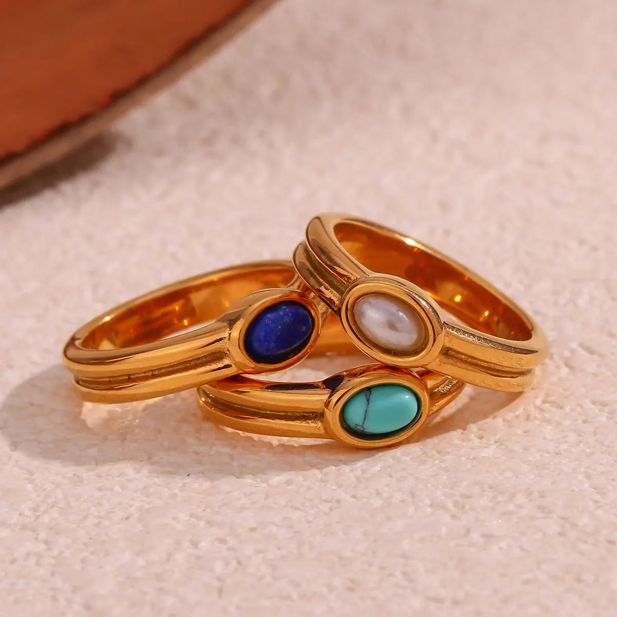 E.B.belle Females Y2K Accessories Natural Stone Lapis Turquoise Pearl Paved Stainless Steel Non Tarnished Rings For Woman