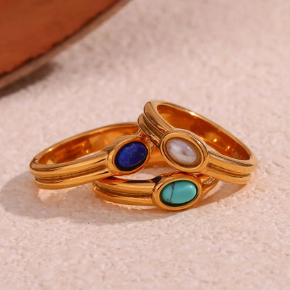 E.B.belle Females Y2K Accessories Natural Stone Lapis Turquoise Pearl Paved Stainless Steel Non Tarnished Rings For Woman
