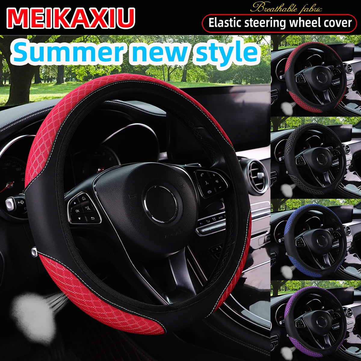3D Double-Layer Mesh Breathable PU Leather Steering Wheel Cover Universal Fit Rimless for Cars 14.5-15 Inch FOR WONMEN