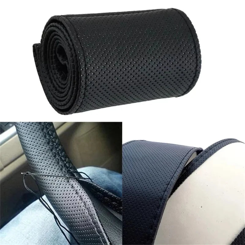 Car Steering Wheel Braid Cover Needles And Thread PU Leather Car Covers Suite DIY Texture Soft Auto Accessories Black 37-38cm