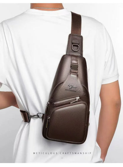 Minimalist Men's Sling Chest Bag, Pu Leather Small Crossbody Bag Ultra-Light Daypack Black/Brown Travel Chest Pack for Men