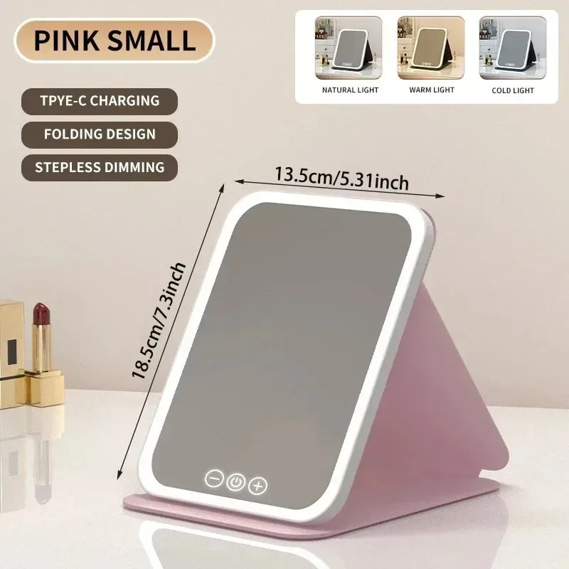 USB Rechargeable 3 Colors LED Makeup Mirror Pocket Mirror Touch Dimmable 3 Brightness Foldable for Travel Office Home - Urbizia