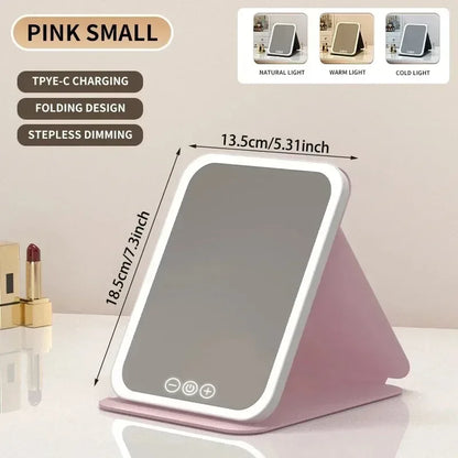 USB Rechargeable 3 Colors LED Makeup Mirror Pocket Mirror Touch Dimmable 3 Brightness Foldable for Travel Office Home - Urbizia