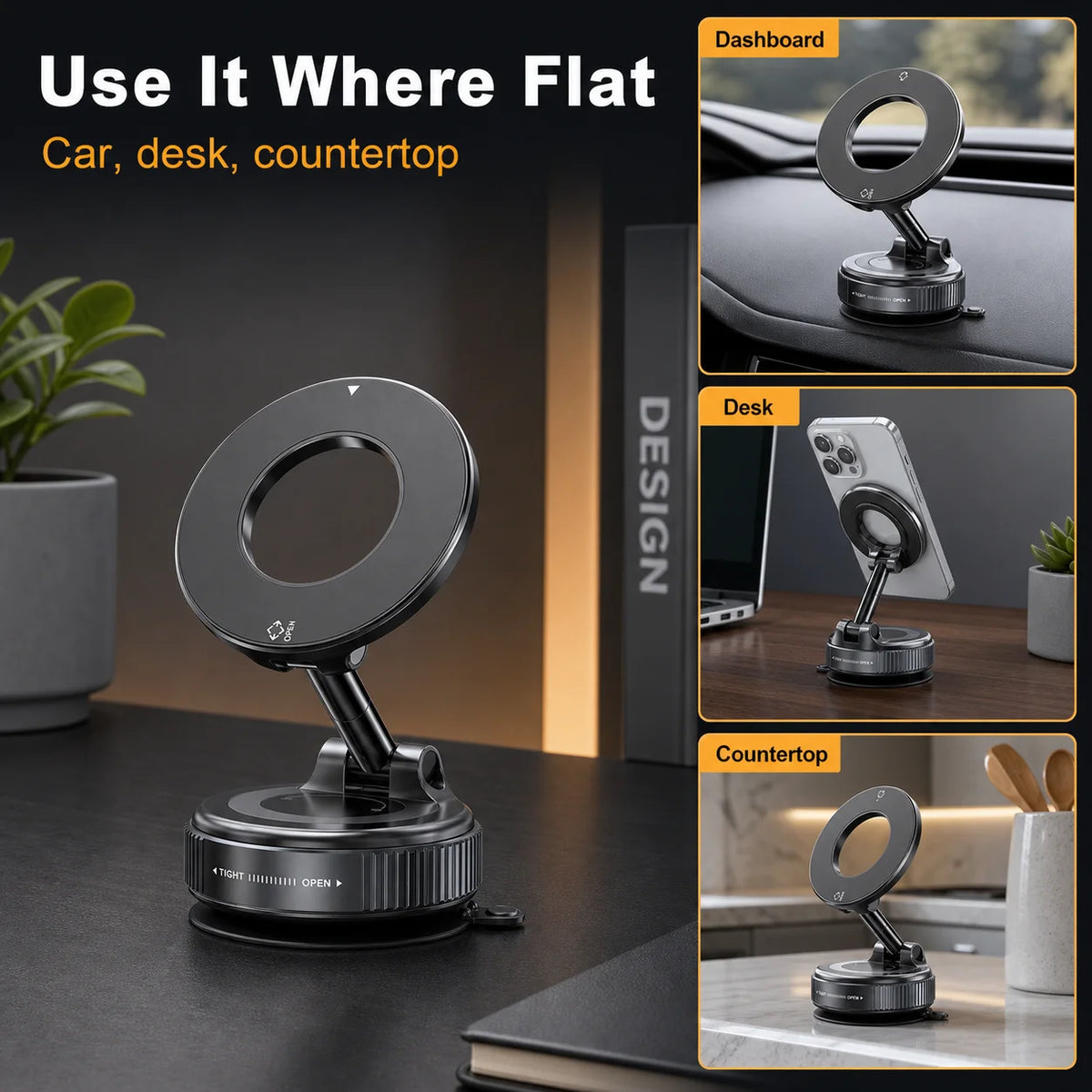 Upgraded Vacuum Magnetic Car Phone Holder, 360° Reinforced Ultra Suction Cup Phone Mount For Car, Travel, Gym, Table