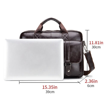 Genuine Leather Men's Briefcase with Double Front Pockets, Large Capacity Computer Bag, Diagonal Cross Handbag