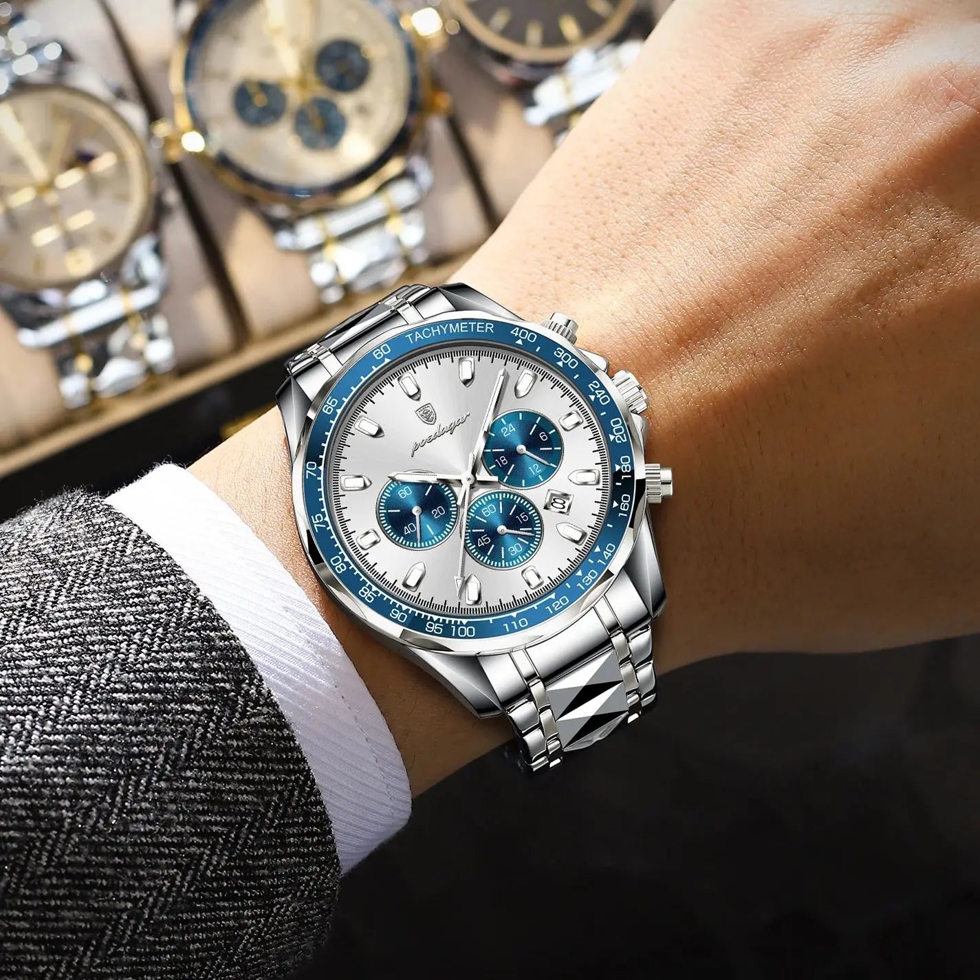 POEDAGAR Luxury Brand Men Watch Waterproof Luminous Stainless Steel Men's Watches Chronograph Date Quartz Business Watch For Man