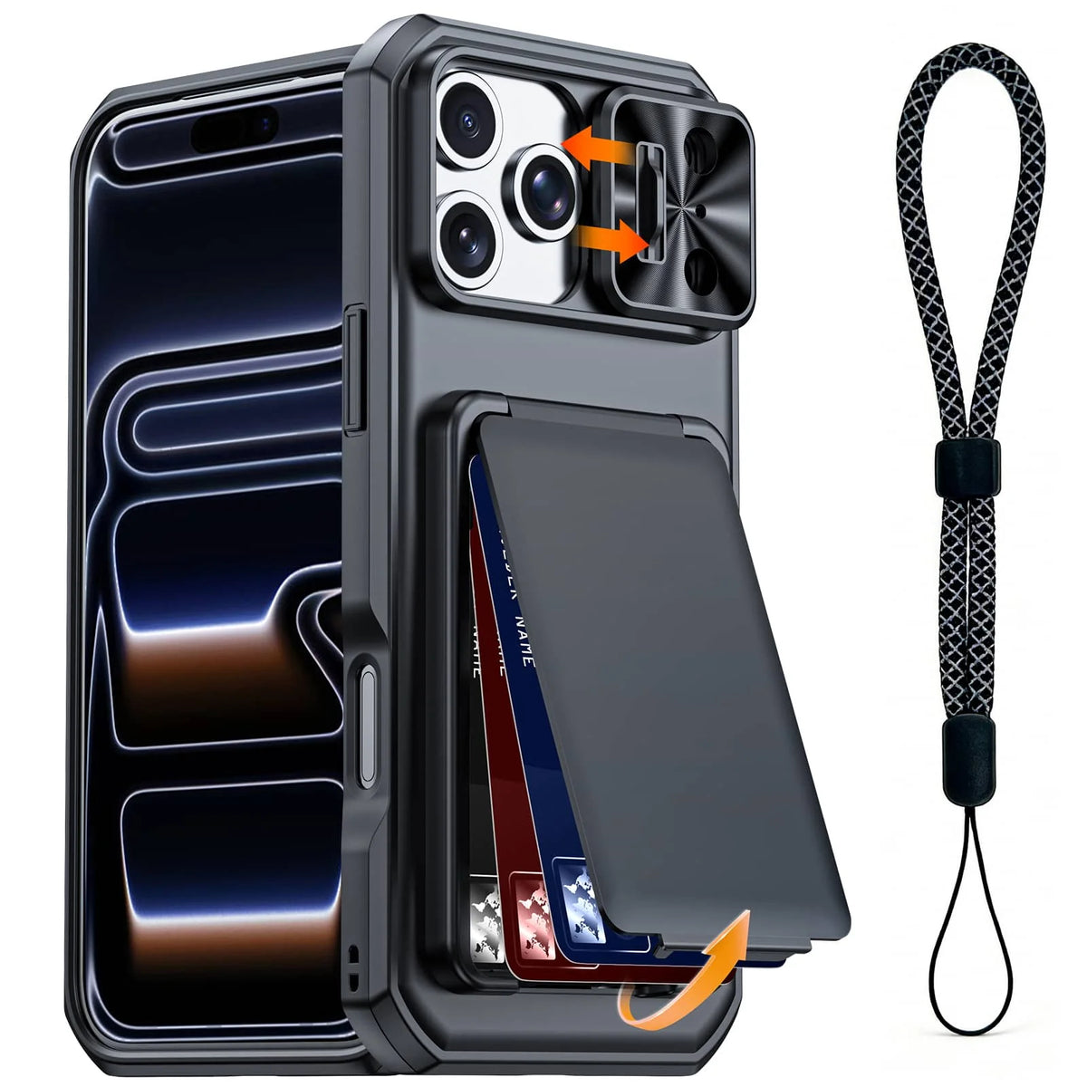 WEFOR for iPhone 18 17 16 15 Pro Max Wallet Card Holder 3-4 Cards Kickstand Slide Camera Cover Wrist Strap Rugged Shockproof