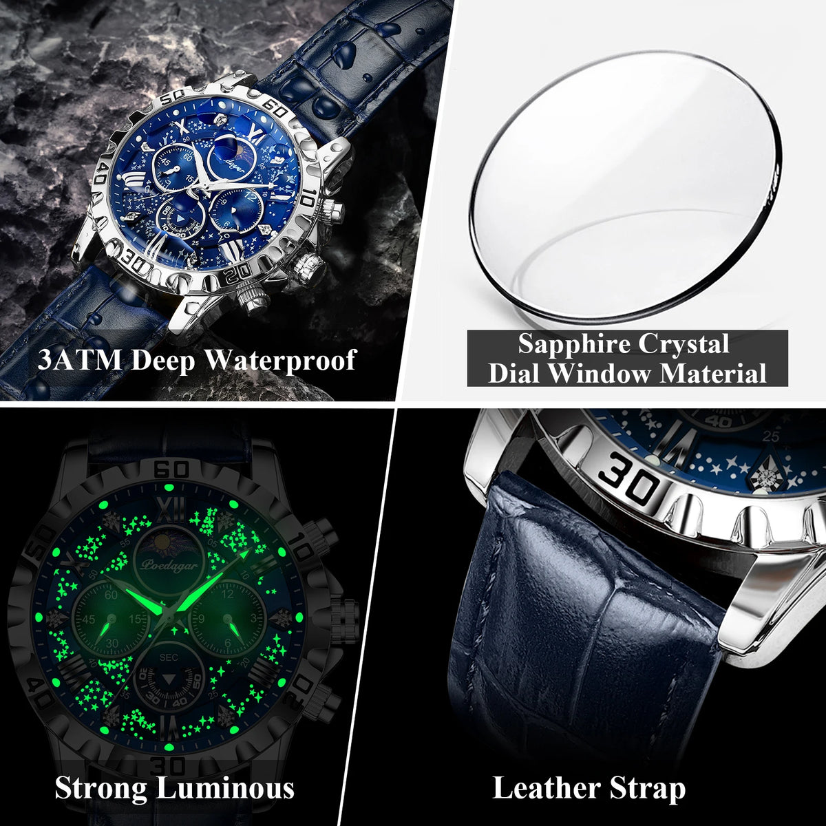 POEDAGAR Luxury Fashion Man Watch Waterproof Luminous Chronograph Leather Watches For Men Sports Outdoor Men's Quartz Wristwatch