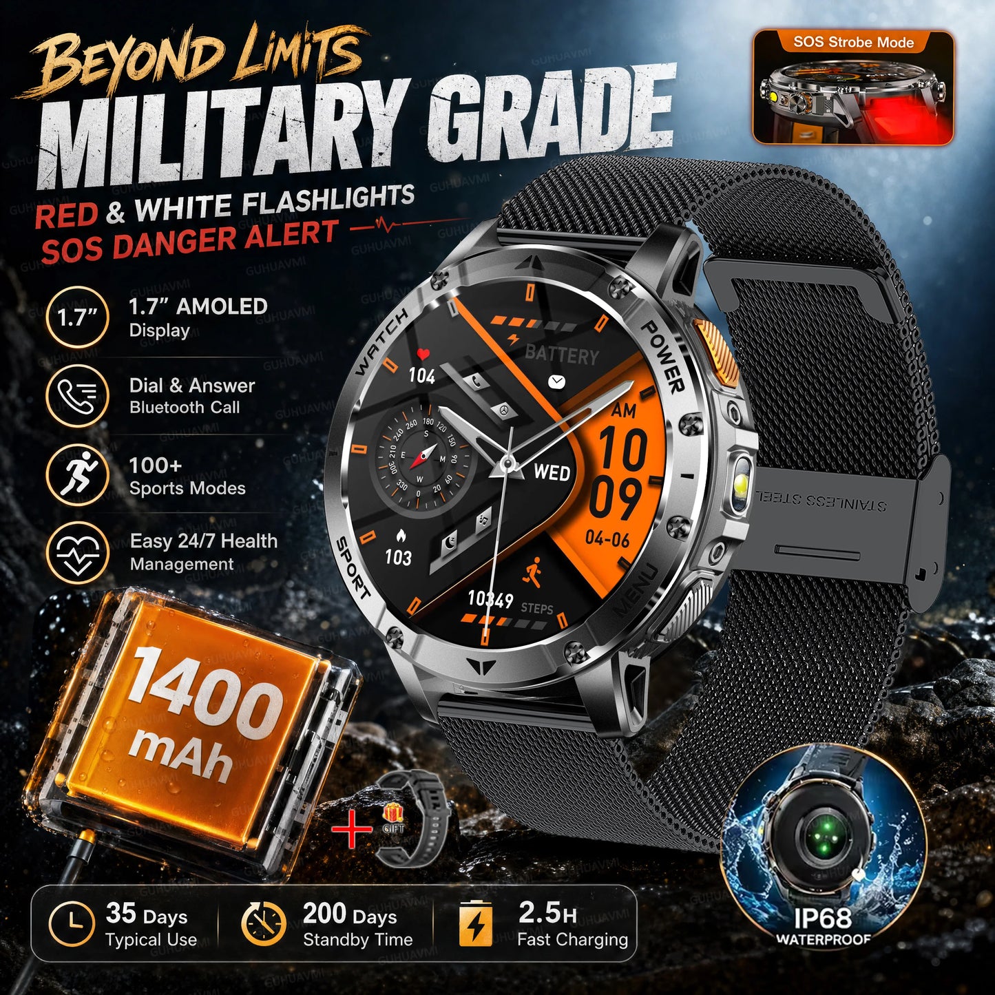 2026 New Military Outdoor Smart Watch Men 10ATM Waterproof Diving Heart Rate Monitor LED Flashlight Bluetooth Call Fitness Watch