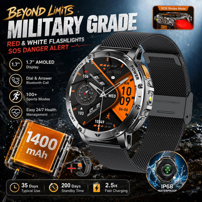2026 New Military Outdoor Smart Watch Men 10ATM Waterproof Diving Heart Rate Monitor LED Flashlight Bluetooth Call Fitness Watch