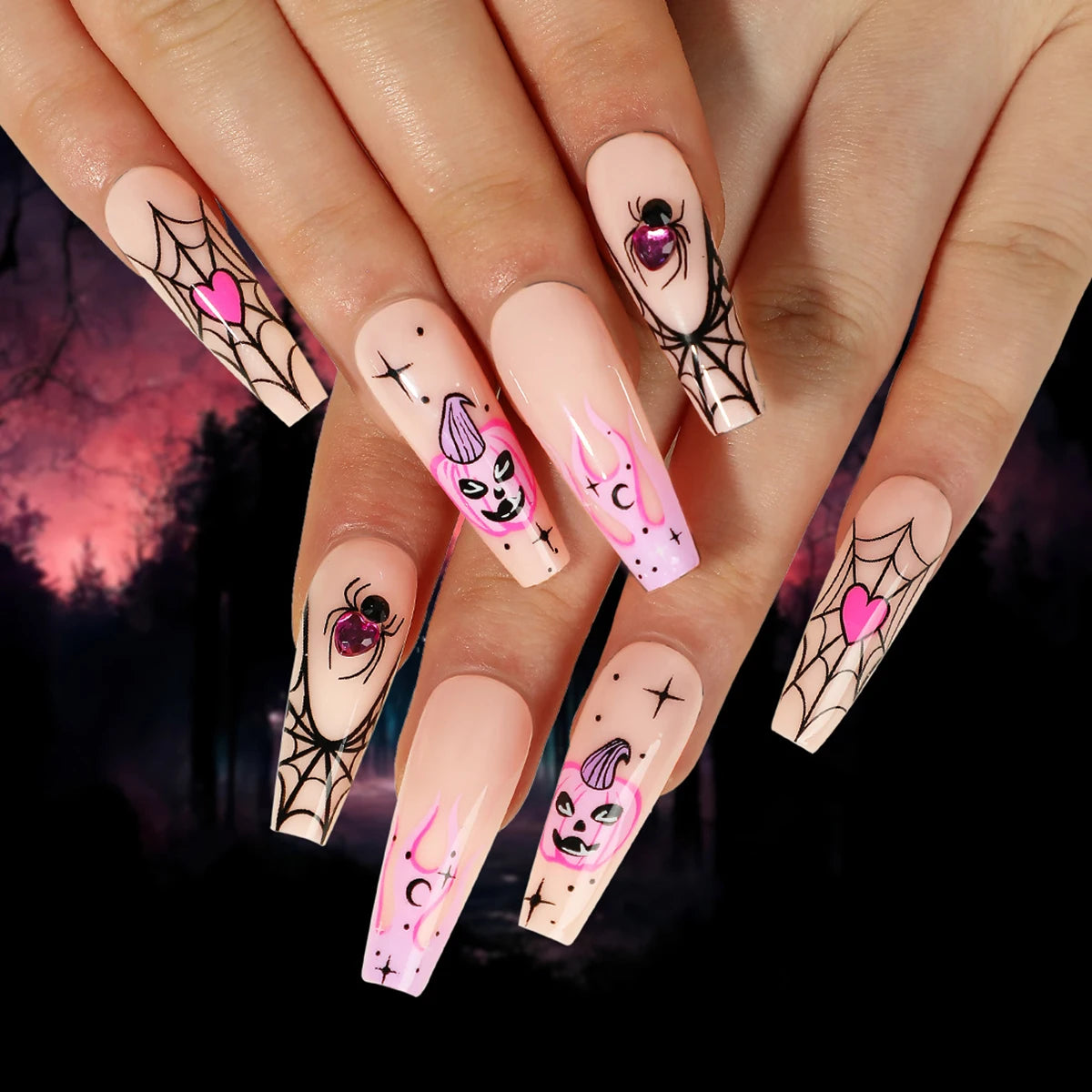 24pcs Silver Spider Design Press-On Nails – Gothic Punk Almond Shaped Halloween False Nail Tips